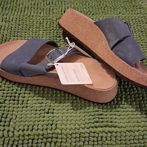 NWT Papillio Blue Slide Sandals with Silver Buckle, Suze 38, Narrow, Cork Wedges - Picture 5 of 8